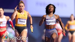 ShaCarri Richardson anchors USA to 4x100m relay final despite slow second exchange  Paris Olympics [upl. by Kehr]