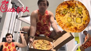 Chick Fil A  Pizza Review Gym Version featuring Matthew Abate at the Gym with a Pizza [upl. by Llehsim]