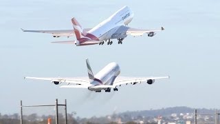 Brisbane Airport Emirates A380800 vs Qantas 747400ER [upl. by Tarr]