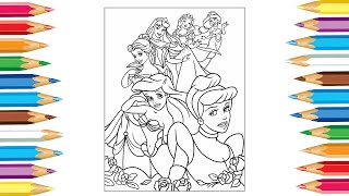 Disney Princess Coloring Pages  How to color Disney Princess Snow White Ariel Cinderella Belle [upl. by Colas]