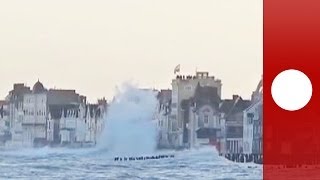 Waves flood streets as oceans wrath hits SaintMalo coastline in France [upl. by Onitsuj]