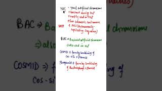 Bacterial Artificial ChromosomeYeast Artificial ChromosomeCosmidPhagemidBACYAC short biology [upl. by Clementas]