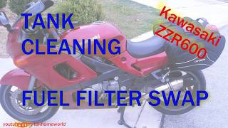 Gas tank cleaning petcock rebuild fuel filter swap 2004 Kawasaki ZZR600 [upl. by Ikilisav]