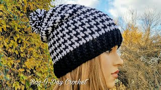 HOW TO CROCHET  SLOUCHY HAT  UNISEX HOUNDSTOOTH BEANIE  BAGODAY CROCHET Tutorial 438 [upl. by Rhona]