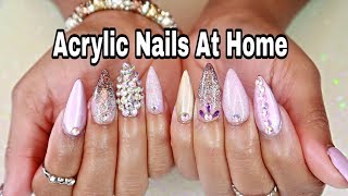 Watch Me Do My Own Valentines Day Nails  STILETTO NAILS W BLING [upl. by Baniez]