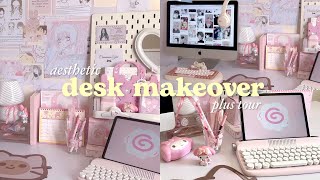 Desk makeover aesthetic 🍥 Pinterest pink coquette anime and kpop inspired  desk tour 🎀 [upl. by Vacuva259]