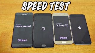 Samsung Galaxy Note 7 vs OnePlus 3 vs Galaxy S7 vs iPhone 6S  Speed Test 4K [upl. by Meelak]