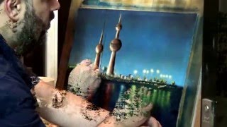 Kuwait Towers Oil Painting درس رسم  رسم أبراج الكويت رسم زيتي [upl. by Bosson521]