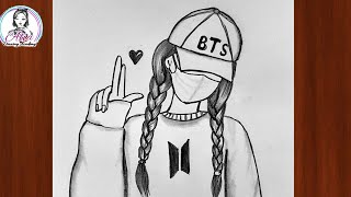 How to Draw a Girl with BTS Cap  BTS Drawing Easy  BTS Drawing Pencil Sketch  Girl with BTS Cap [upl. by Sidra]