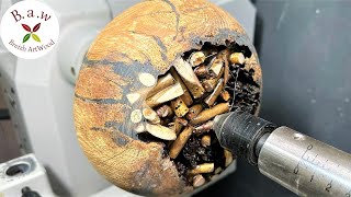 Woodturning  Turning a rotten piece of beam into a beautiful work of art [upl. by Aicenad]