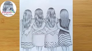 Best friends❤ pencil Sketch Tutorial  How To Draw four Friends Hugging Each other [upl. by Vicky]