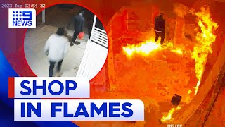 CCTV footage catches arsonists setting fire to Brisbane shop  9 News Australia [upl. by Polk]