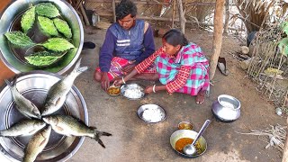 santali tribe husband ampwife cooking FISH CURRY recipe with bitter gourd for their lunch menu [upl. by Yllas]