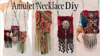 How To Make Fabric Pouch Necklaces  Amulet Boho Bag Upcycled [upl. by Bourne]