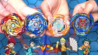 BRAVE VALKYRIE amp GLIDE RAGNAROK vs HELIOS VOLCANO amp HYPERION BURN Beyblade Burst Team Battle [upl. by Adolf185]