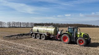 CLAAS AXION 870 mit Annaburger Fass amp BOMECH Schleppschuh Verteiler am Gärreste ausbringen  4K [upl. by Nueovas464]