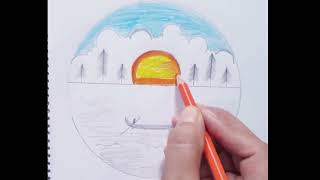 How to draw simpole River and sun Scenery [upl. by Petuu]