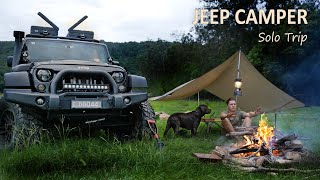 JEEP Camping SOLO with my DOG River camp strong winds shelter  Sounds of Camping Ep7 [upl. by Hedveh219]