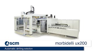 SCM morbidelli ux200 CNC drilling centre integrated with mahros climber loadingunloading storage [upl. by Aivlis]