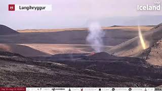 Aug 13 2022 Golden dust spout forms by Iceland volcano fissure Fagradalshraun N Meradalir Valley [upl. by Neeli372]