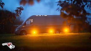 Low level flood light install for free camping surf van  Sprinter conversion timelapse [upl. by Ticon]