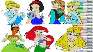 Disney Princess Coloring Book Compilation Elsa Ariel Cinderella Tiana Snow White Aurora Anna Belle [upl. by Bonni]