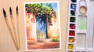 Watercolor painting for beginners beautiful flower tree and simple door [upl. by Nairod]