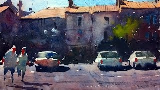 Watercolour demonstration by Tim Wilmot  How to paint a French Town Scene with Cars 4 [upl. by Coonan]