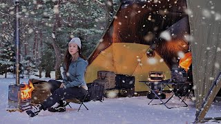 Camping in a Snowstorm forest Alone in a Hot Tent [upl. by Arlin475]