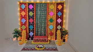 Ganpati decoration ideas at home using dupattas Mehandi Haldi decoration ideas [upl. by Ylluz]