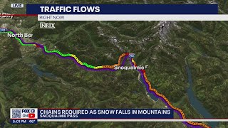 Traffic snarled on Snoqualmie Pass as snow falls  FOX 13 Seattle [upl. by Pinto412]