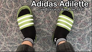 adidas adilette originals green  Unboxing and On Feet  EE6183  Azo Edition [upl. by Aivatahs]