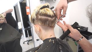 SUPER HAIRCUT  STACKED BLONDE PIXIE BOB CUT WITH UNDERCUT [upl. by Arman320]