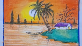 Beautifull sunset scenery drawing  step by step easy scenery drawing [upl. by Pillihpnhoj]