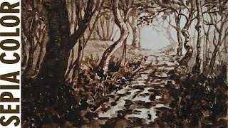 LANDSCAPE WATERCOLOR PAINTING monochrome sepia 2 [upl. by Greenlee]