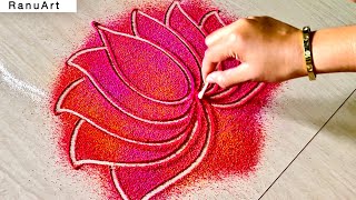 Simple peacock rangoli designs with colours🌺unique peacock rangoli designs🌺Ranu Art [upl. by Atsillak]