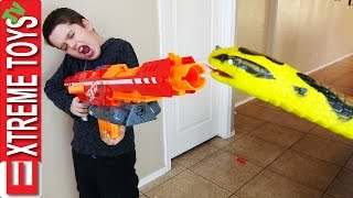 Nerf Guns Vs Wild Boa Constrictor Crazy Giant Snake Toy Tries to Attack Boys and Jaws [upl. by Halil858]