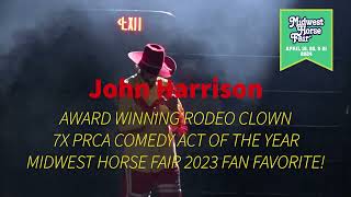 Watch PRCA Award Winning Barrelman John Harrison with his horse Snoopy at Midwest Horse Fair 2023 [upl. by Barris865]