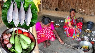 HILSHA FISH cooking with brinjal and eating by santali tribe womenrural village India [upl. by Magnuson96]