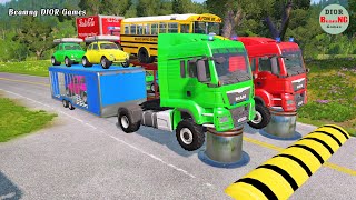 Double Flatbed Trailer Truck vs speed bumpsBusses vs speed bumpsBeamng Drive972 [upl. by Ahsirt]