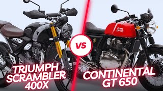 Triumph Scrambler 400x VS Royal Enfield Continental GT 650  Triumph VS Royal enfield [upl. by Yokoyama]