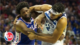 Joel Embiid and KarlAnthony Towns fight get ejected in Timberwolves vs 76ers  NBA Highlights [upl. by Gnaig6]