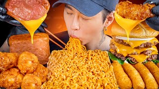 ASMR MUKBANG  Triple Cheeseburger Spicy Noodles Spam Cheese Stick Fried Chicken [upl. by Pandolfi]