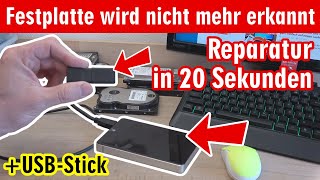 Festplatte wird nicht mehr erkannt ⭐️ Reparatur in 20 Sekunden ⭐️ USBStick ▪️ SSD ▪️ USBLaufwerk [upl. by Suiravat574]