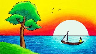 Gambar Pemandangan Matahari Terbenam di Laut Lepas  How To Draw Easy Sunset Scenery For Beginners [upl. by Ardnot51]