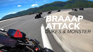 4 BIKES 1 CUP  KTM 890 DUKE  KTM 990 SD  DUCATI MONSTER 1200R RAW SOUND [upl. by Helbon]