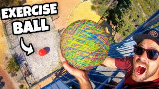 Rubber Band Ball Vs World’s LARGEST Exercise Ball from 45m [upl. by Maleen870]