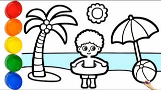 Drawing and Colouring A Beautiful Sea beach ⛱️🏖️ Drawing for Kids [upl. by Ised466]