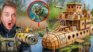 BUILDING A BOX FORT SPY SUBMARINE TO CAPTURE POND MONSTER Cardboard Crafts [upl. by Karyn]