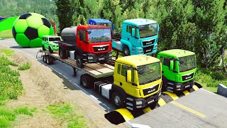 Double Flatbed Trailer Truck vs Speedbumps Train vs Cars Tractor vs Train Beamng Drive 01 [upl. by Gordie]